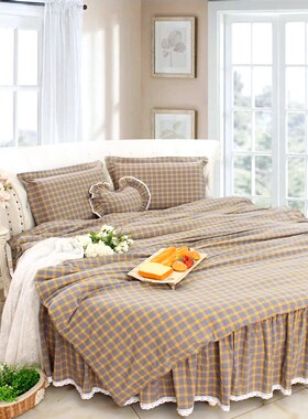 简洁简约北欧风灰色黄格子纯棉圆床四件套床上用品圆被套圆床笠