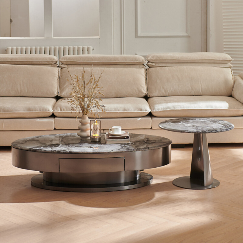意式轻奢大理石茶几组合设计师现代简约椭圆形伸缩家用小户型茶几