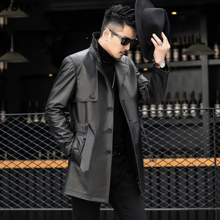 高端真皮皮衣男士 头层牛皮风衣皮夹克加绒加厚外套大衣潮冬 中长款