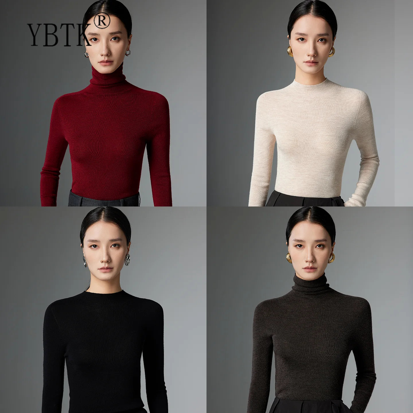 鄂尔多斯市高领无缝100%纯羊毛衫女秋季薄款修紧身针织打底衫毛衣