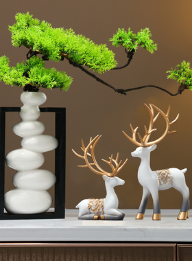 时来运转平衡石头迎客松花瓶新中式摆件客厅O家居饰品电视柜高级