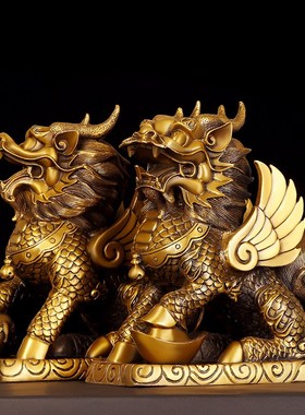 铜飞天麒麟摆件全铜公母麒麟祥y瑞麒麟一对家居书房办公室桌面装