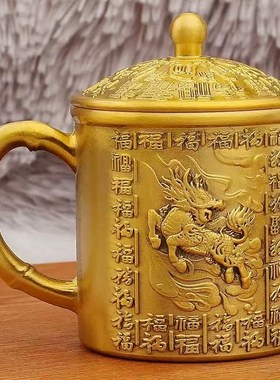 黄铜麒麟百福茶杯家居新中式x茶缸酒缸桌面装饰带盖茶缸摆件工艺