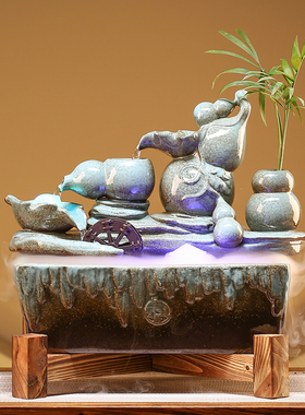 创意招财循环流水摆件加湿器家居客厅办公O室桌面装饰品开业送礼