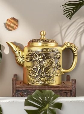 黄铜麒麟茶壶摆件纯铜浮雕t工艺新中式茶壶茶具桌面装饰工艺品礼