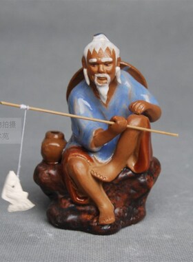 姜太公坐渔陶瓷渔翁摆件 假山盆景 鱼缸造景人物水族 茶盘装饰品