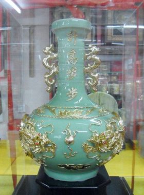 厦门漆线雕龙 陶瓷花瓶 实木底座 开业乔迁礼品生日礼物高档时尚