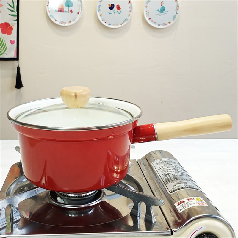 日式珐琅18cm搪瓷锅防溢单把锅2.8JL汤锅煮面锅煤气电磁炉通用