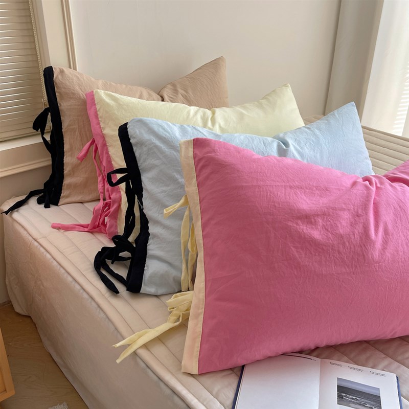 水洗棉撞色绑带款202o5新款枕头套单个枕套一对装48cmx74cm枕芯套