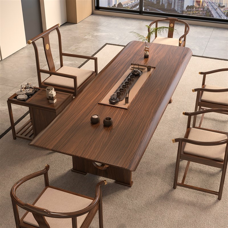 胡桃木茶桌椅组合一桌五椅新中式茶台宋代美学实T木大板茶桌办公