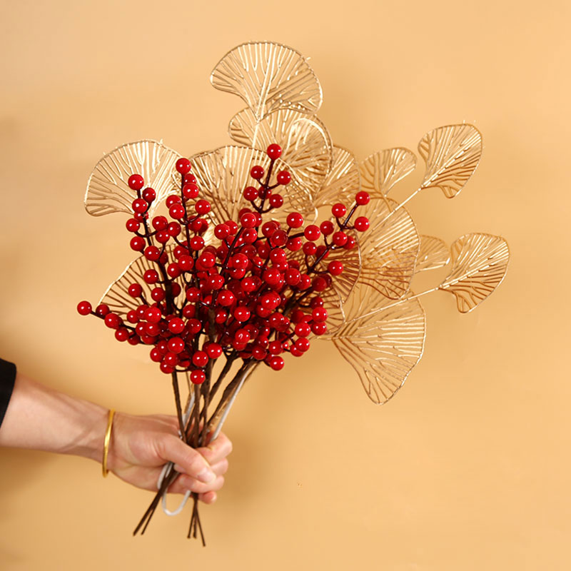 仿真金色尤加利银杏叶红色果子冬青发财果中式家居客厅装饰年宵花