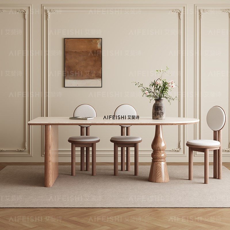 德利丰洞石岩板法式复古白蜡木实木餐桌家用小户型靠墙半圆形岛台