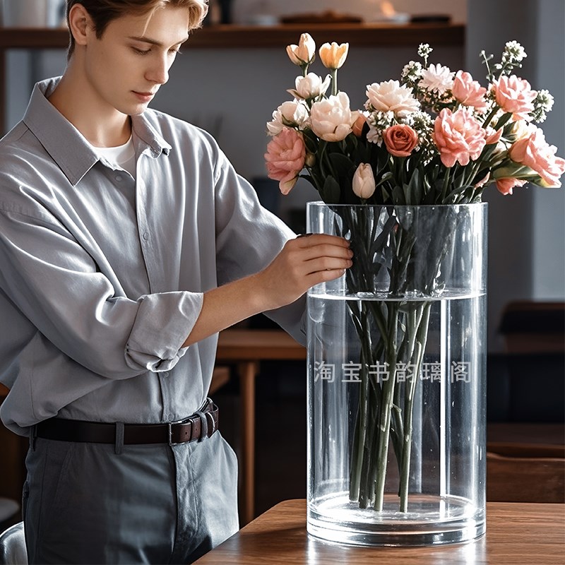大号宽口透明玻璃花瓶大口径水培器皿特大号深水醒花桶405060cm高