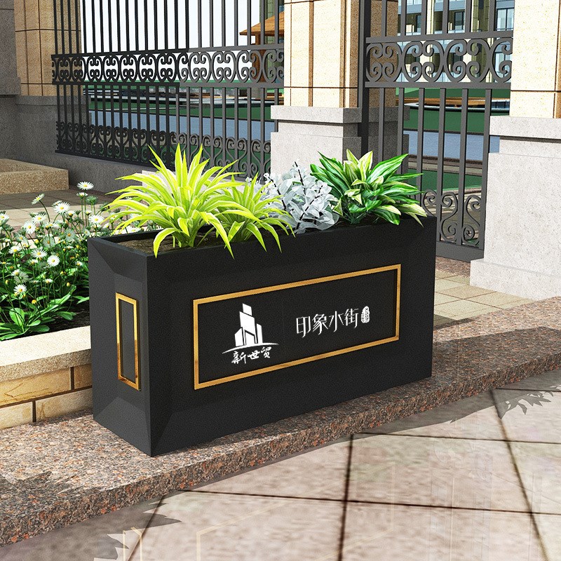 户外不锈钢花盆广场花坛铁艺花槽黑色花箱售楼部室外防锈长方形