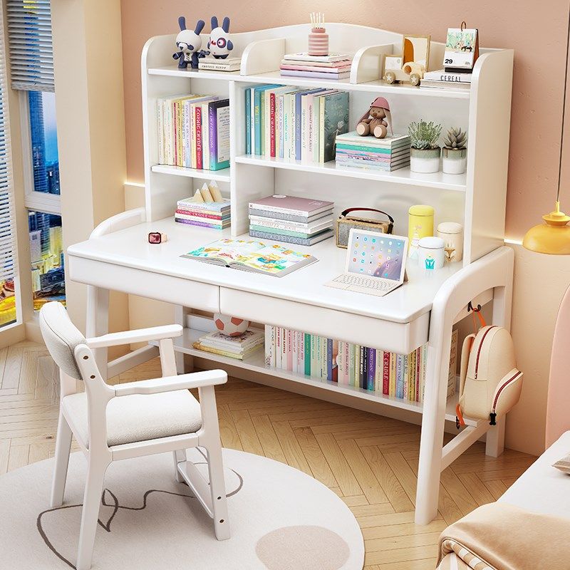 带书架儿童学习桌子学生专用实木书桌小孩子可升降家用课桌椅套装