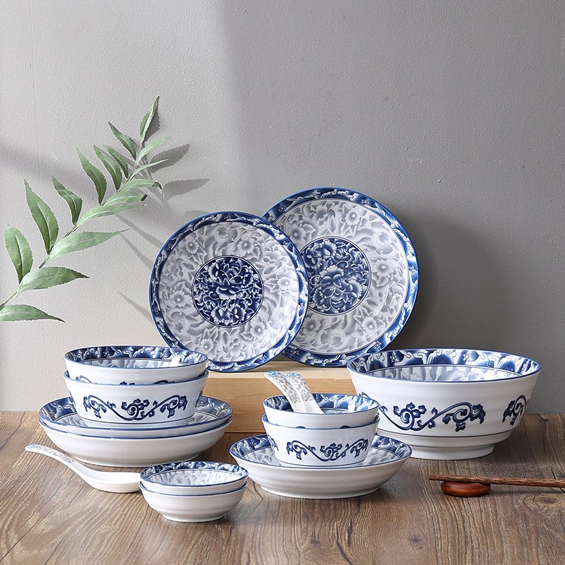 釉下彩青花瓷碗陶瓷吃饭碗汤碗面碗菜盘中式餐具碗碟套装碗盘家用