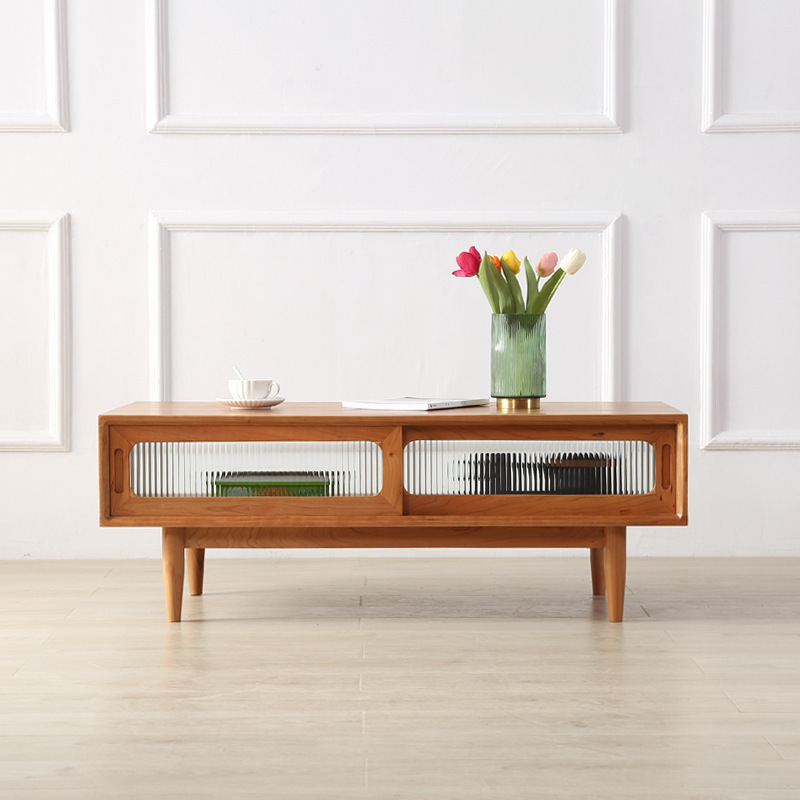 实木樱桃木茶几 现代简约 白橡木黑胡桃木玻璃推拉门桌几