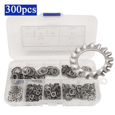 300pcs盒装 304不锈钢齿形外锯齿锁紧垫圈防松垫片M2.5M5M6M8组合