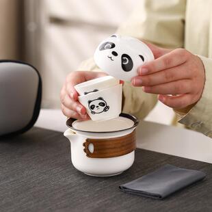 熊猫快客杯便携式 户外露营泡茶壶一壶两三杯陶瓷礼品 旅行茶具套装