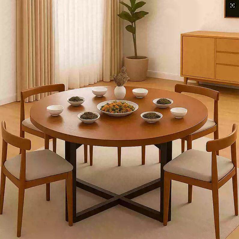实木餐桌小户型家用火锅大圆桌子2026新款圆形桌客厅吃饭桌椅组合