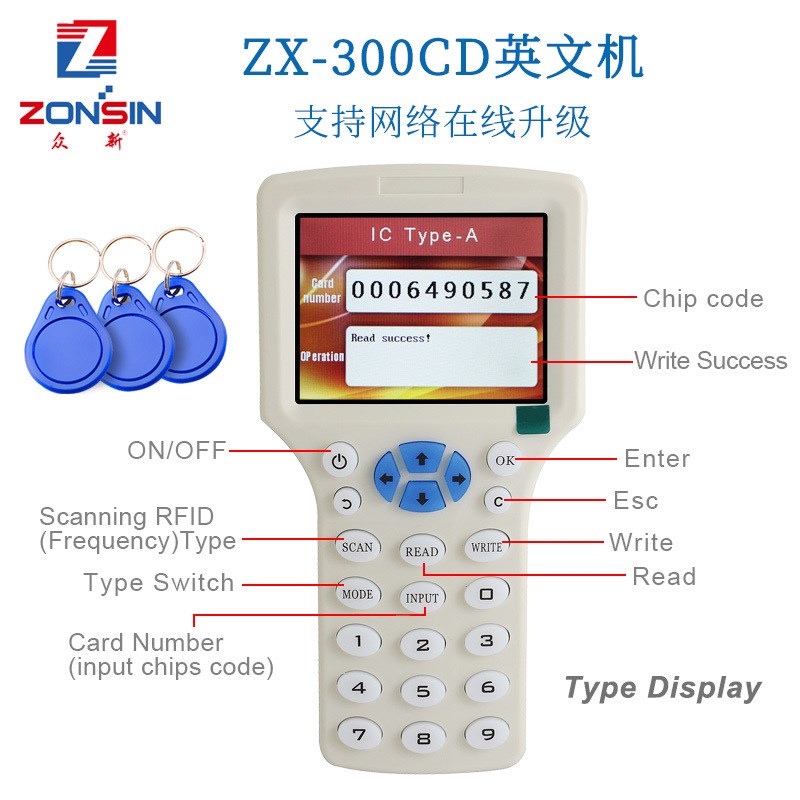 IC卡复制器门禁加密ID卡配匙机电梯感应M1卡多功能ZX-300CD英文机