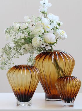 创意轻奢竖纹大肚子灯笼玻璃花瓶水培餐桌软装酒店售楼装饰品摆件