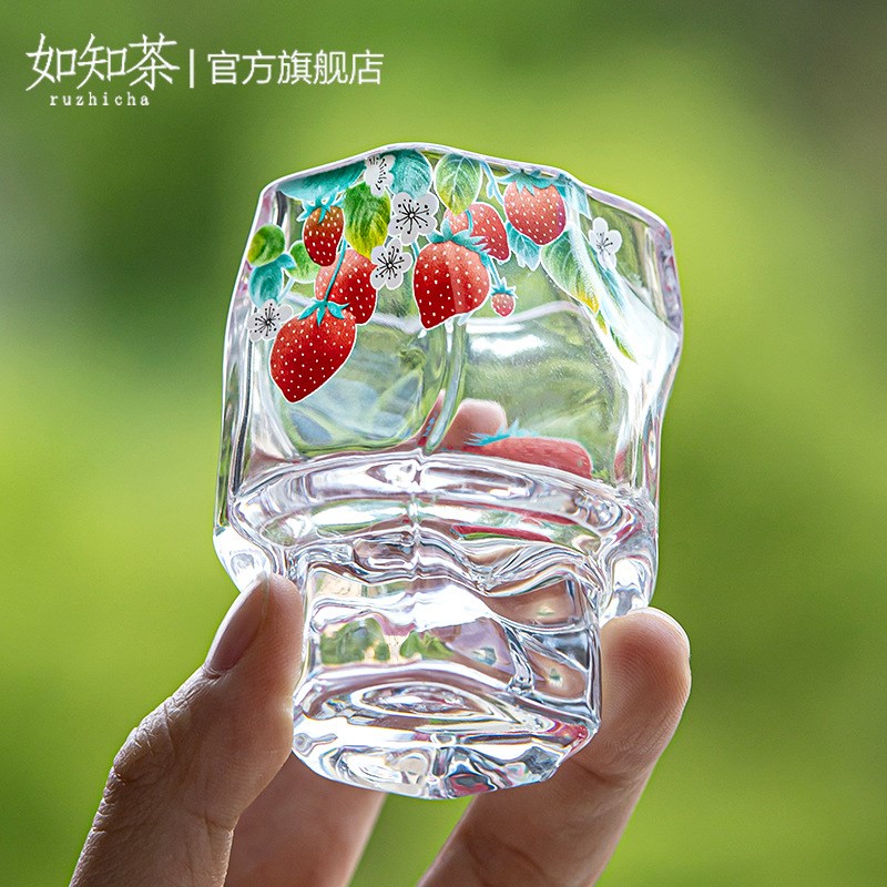 欢喜草莓透明玻璃云川杯主人杯加厚耐热玻璃品茗杯手工贴花喝茶