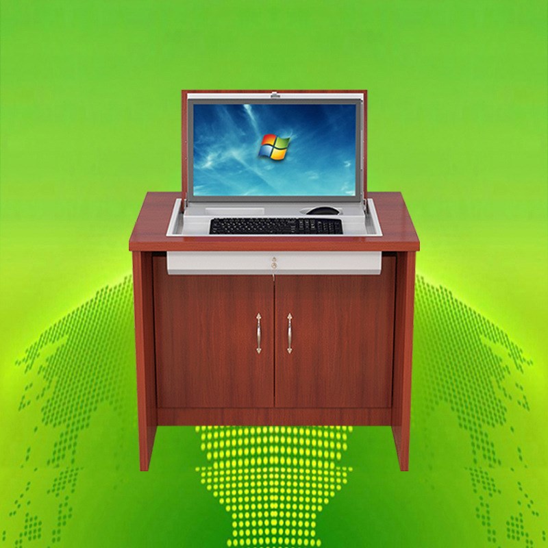 湖南油漆翻转电脑桌实木贴皮会议长条桌天津隐藏显示屏翻转办公桌