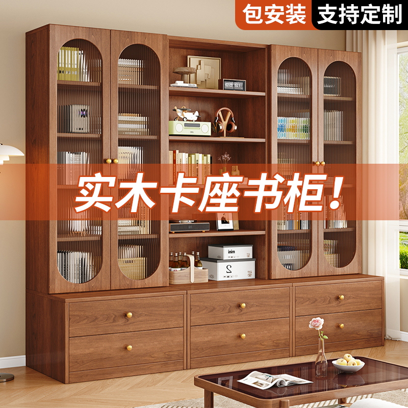 实木书柜一体整墙客厅卡座展x示柜子落地组合家用复古简约卧室书