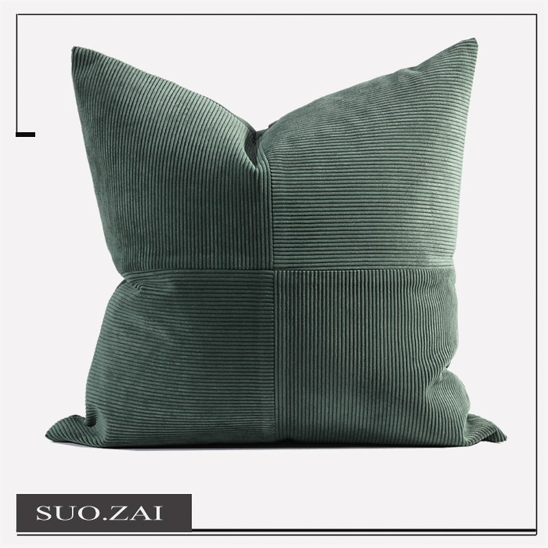 轻奢样板房床头靠枕n客厅卧室沙发靠垫现代绿色抱枕灯芯绒拼接方