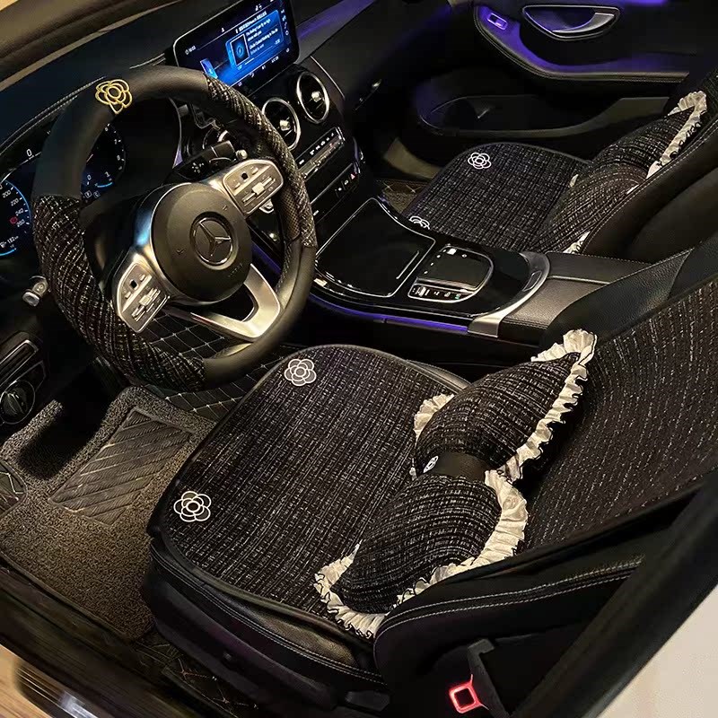 亚麻汽车坐垫四季通用女神新款夏季山茶花座椅Q后排半包座套车座