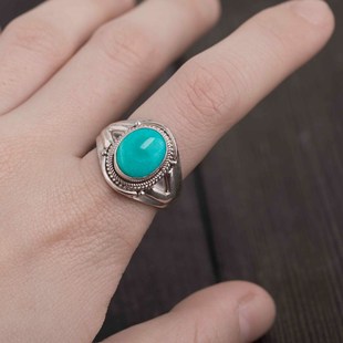 印度尼泊尔手工9l25银饰品绿松石戒指女 创意复古民族 男开口个性