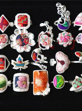 春风屿民族风手工刺绣老q绣戒指简约百搭银白色苗银镀银开口指环1