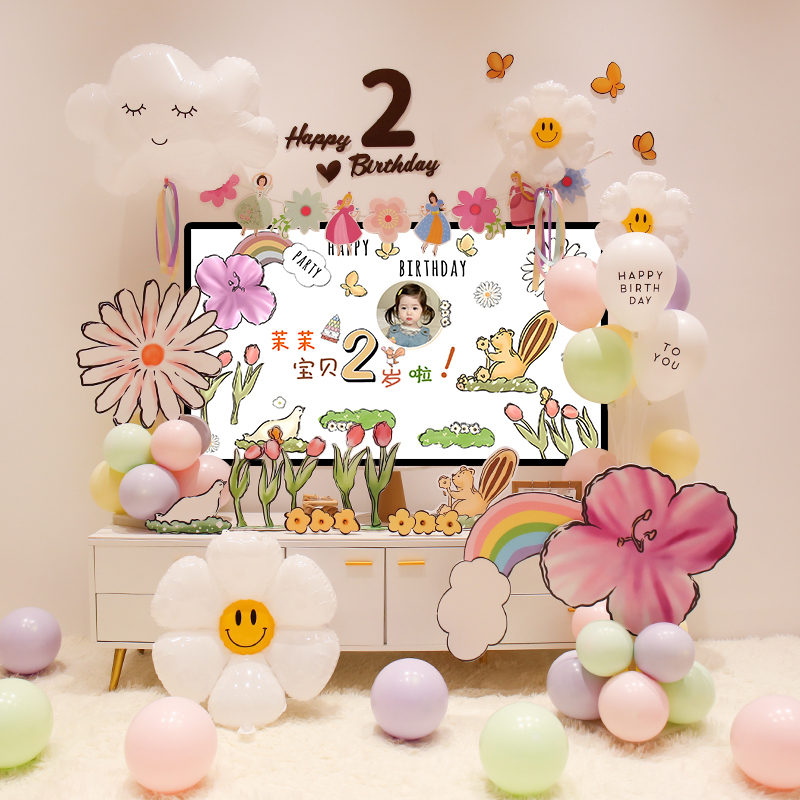 电视投屏生日装饰儿童女孩宝宝一周岁派对拍照家用背景墙场景布置
