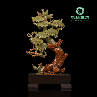 天然玉石松鹤延年摆件高档客厅现代简约酒柜办公室招财装饰工艺品