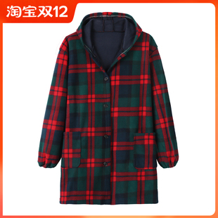 风衣加绒厚外套秋冬季 60连帽中长款 罩衣 中老年法莱绒妈妈装