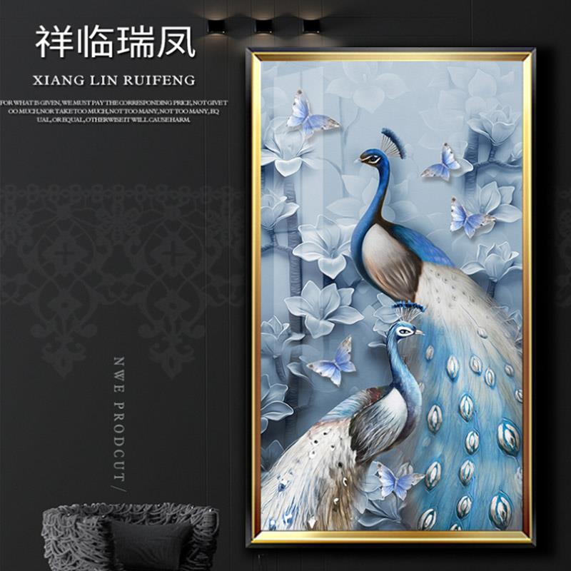 孔雀玄关装饰画进门墙入户壁画竖版墙画大气走廊尽头过道客厅挂画图片