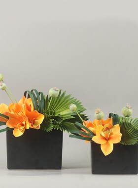 新中式日式橙色仿真花艺套装售楼部吧台洽谈桌茶几托盆餐厅摆件设