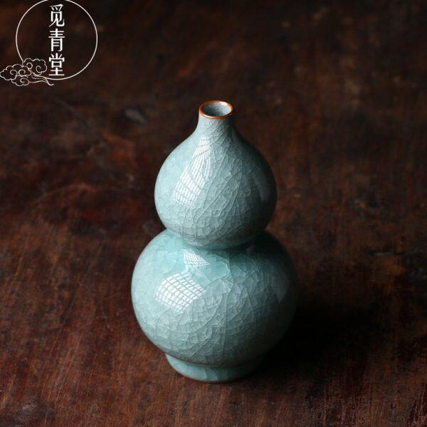 龙泉青瓷大师叶小春纯手工作品冰裂纹小号葫芦瓶中式花器收藏把玩
