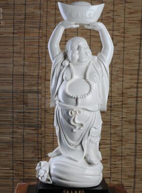 招财弥勒德化白瓷陶瓷弥勒佛金玉满堂元宝大号装饰居家办公摆件