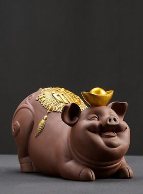 中式创意紫砂摆件大号可爱招财猪 办公室客厅家居陶瓷工艺品装饰