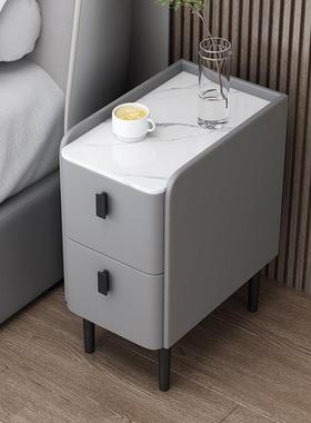 岩板实木床头柜家用小户型迷你窄柜简约现代皮革床边柜轻奢收纳柜