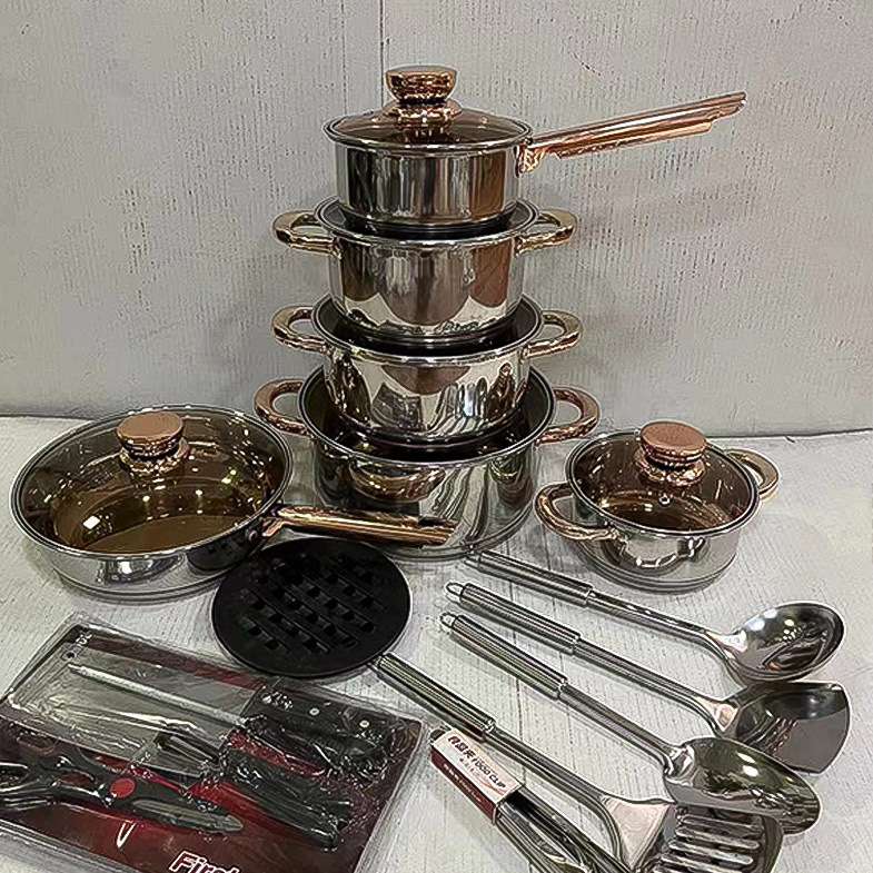 外贸货源不锈钢锅具套装35PCS套锅复底煎锅奶锅汤锅炊具组合23PCS