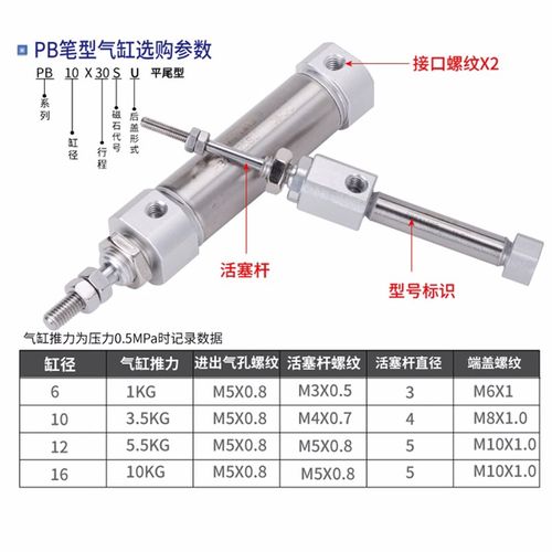 亚德客气动小型迷你笔型气缸PB4/6/10X5X10X15X20X25X30X40X50SR