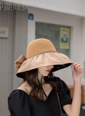 渔夫帽蝶结收纳遮阳遮NZR帽镂空草帽防紫外袋线大檐太阳帽脸防晒