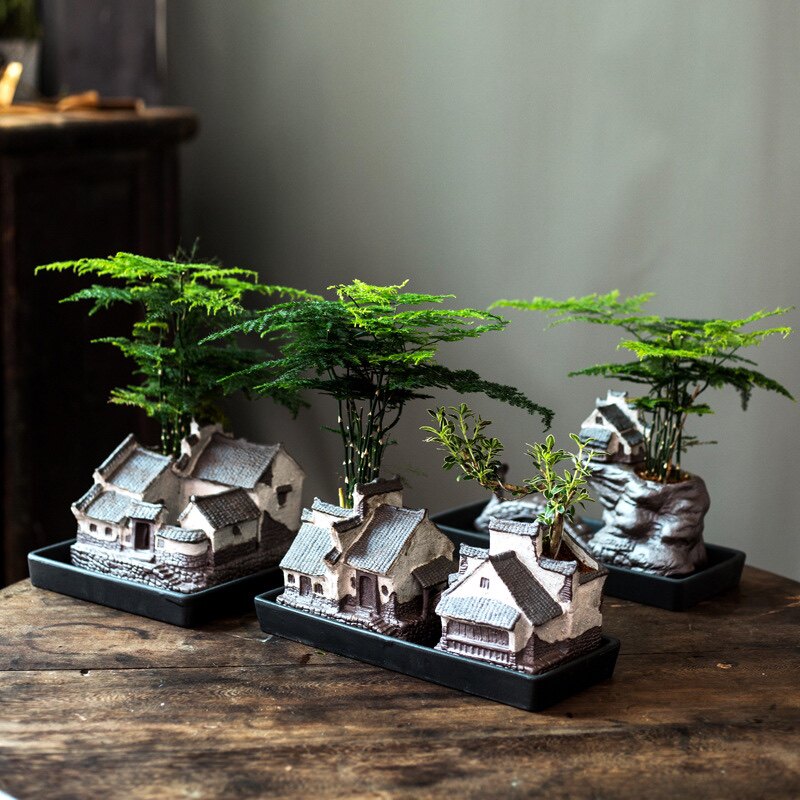 中式江南老房子微景观陶瓷素烧粗陶创意个性盆景花盆盆栽造景装饰