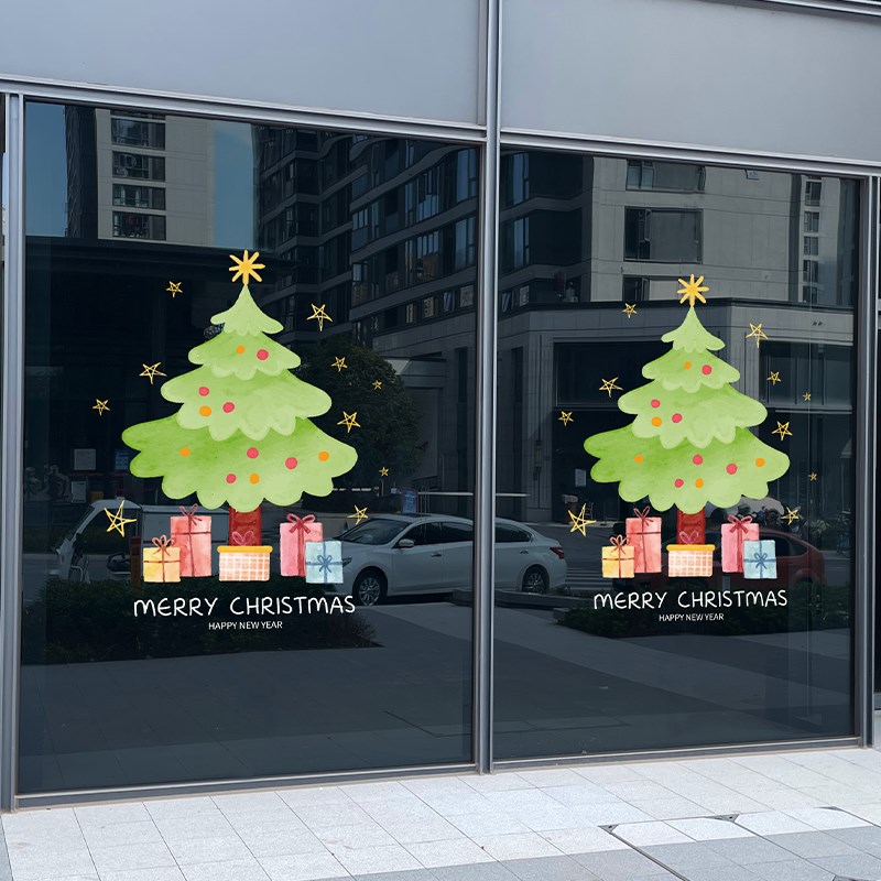 圣诞节装饰玻璃贴圣诞窗贴画w静电贴纸圣诞树场景布置店铺氛围装