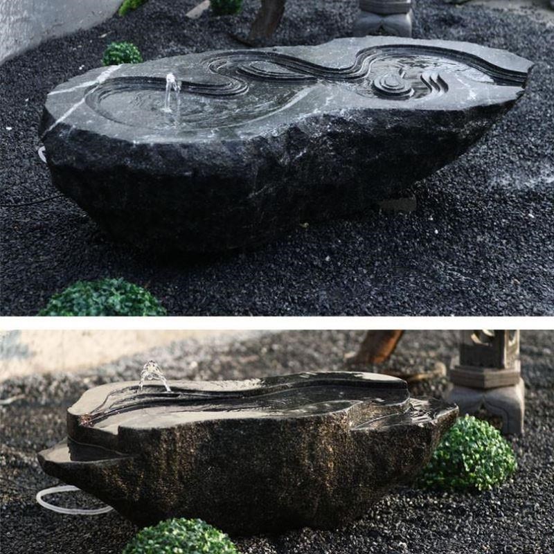 中式禅意户外日i式景观摆件新石钵石盆庭院养鱼池流水水钵盆黑工