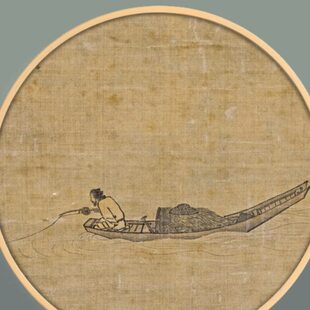 宋马远寒江独钓图新中式圆形玄关装饰画复古沙发简约现代茶室挂画