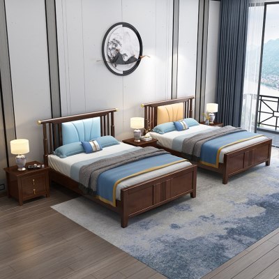 新中式1.2米实木床家用1.35m儿童床1.5米单人床禅意民宿酒店家具